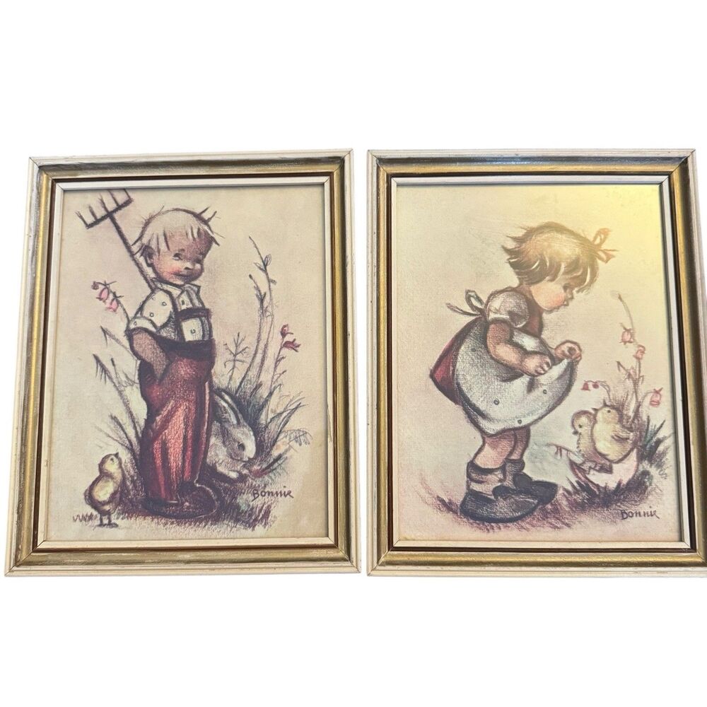 Set Of 2 Vintage Framed Bonnie Hummel Print Boy‎ Girl Ducks Cute 70s 60s Art